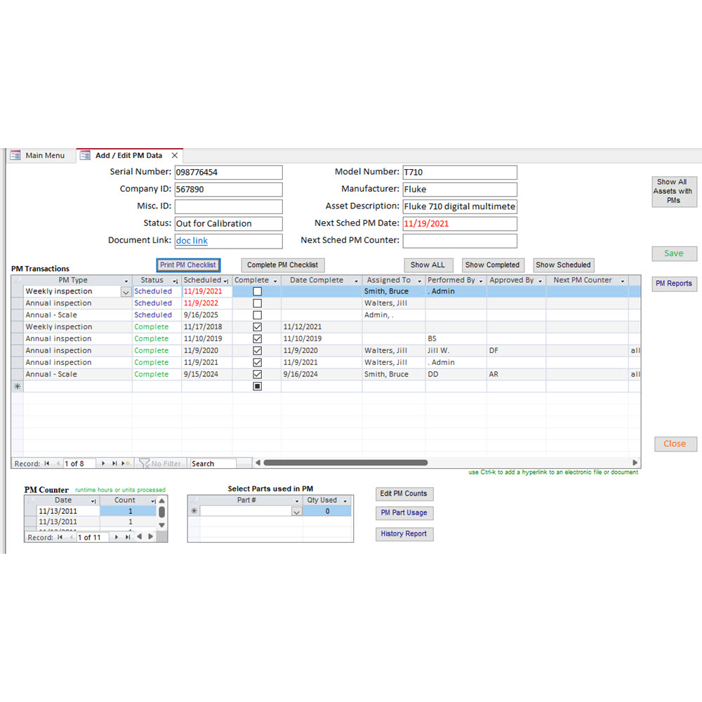 screenshot of SBS Asset Tracking Database